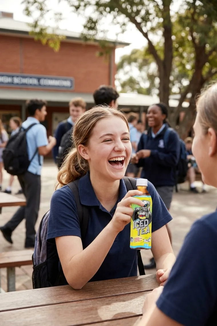 A laughing high school student holding a Tea Industries Black Tea with Lemon iced tea