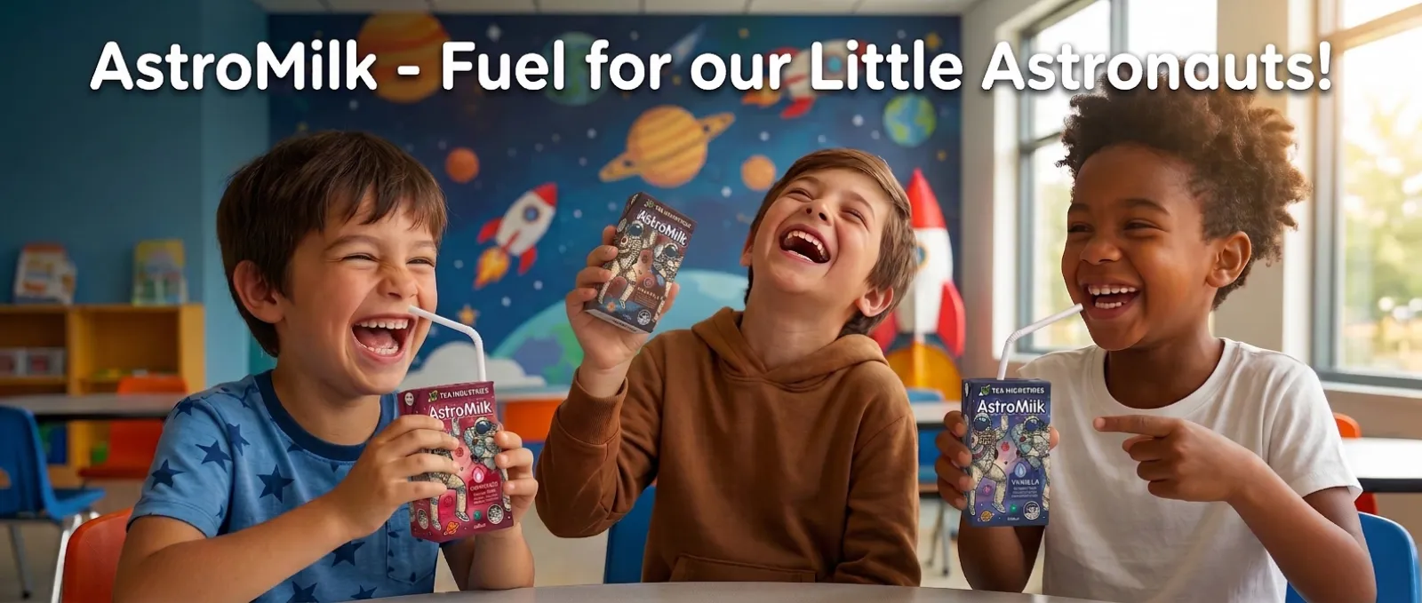 Three laughing kids in a space-themed classroom drinking AstroMilk: Fuel for our Little Astronauts!
