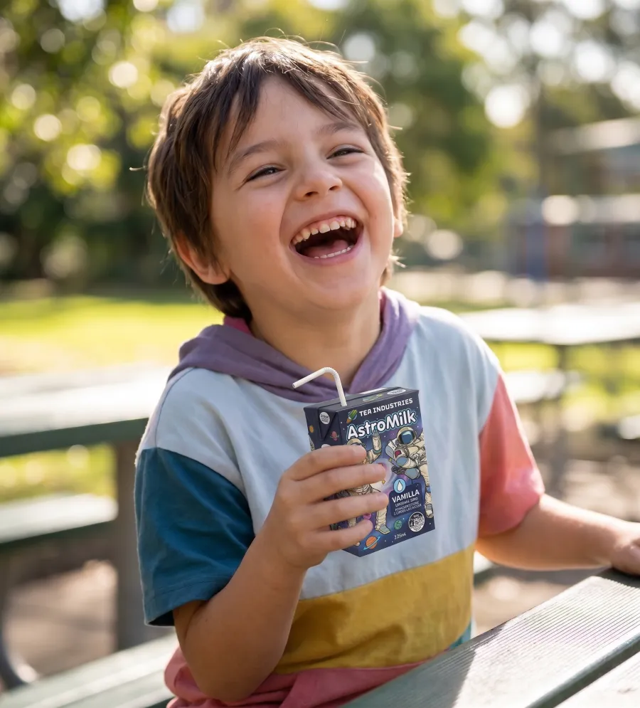 A laughing boy holding a carton of AstroMilk Vanilla at a park bench